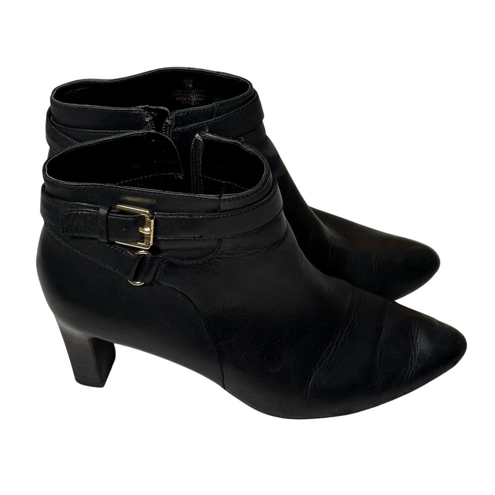 Ralph Lauren Nara Black Leather 2.5"Heel Ankle Boot Point Toe Zip Closure Size 7